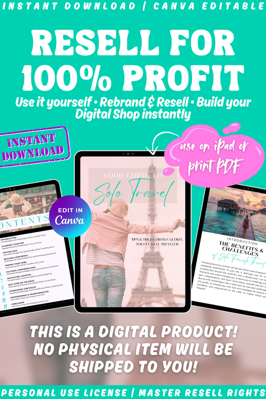 Graphic describing the digital product: Your guide to solo travel. Digital Download. Resell for 100% profit. Rebrand & resell. Build your digital shop instantly. Comes with the options personal use, plr, or mrr.