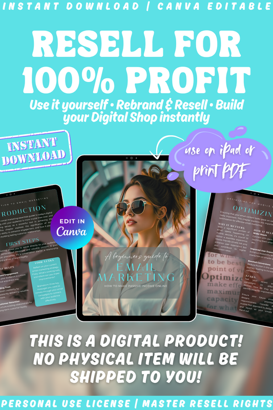 A beginner's guide to email marketing - how to make passive income online. This is a digital product and no physical item will be shipped to you. Instant download. You can resell for 100% of the profit.
