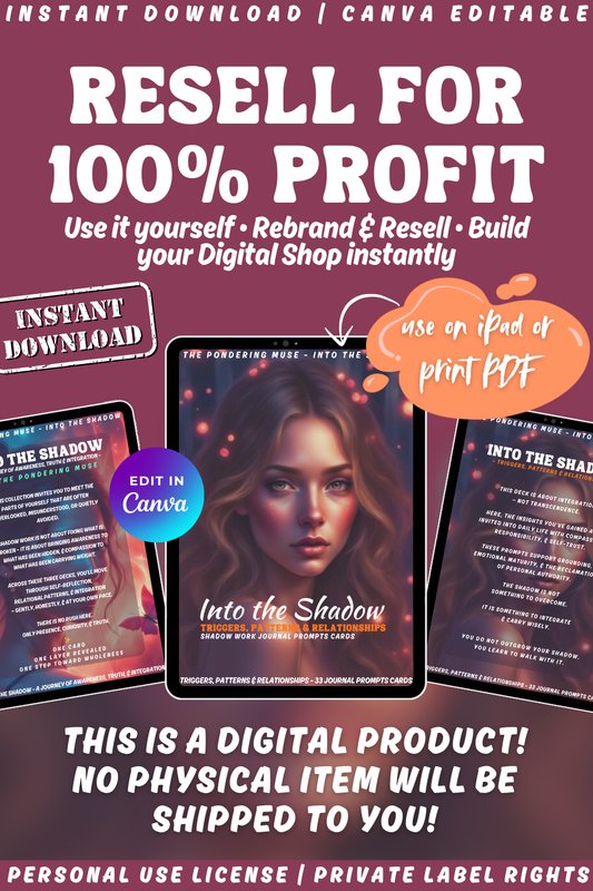 Promotional graphic for 'Into the Shadow - trigger, patterns & relationships' shadow work journal prompts cards with a woman's face and text. available in personal use license and private label rights. Resell for 100% profit.