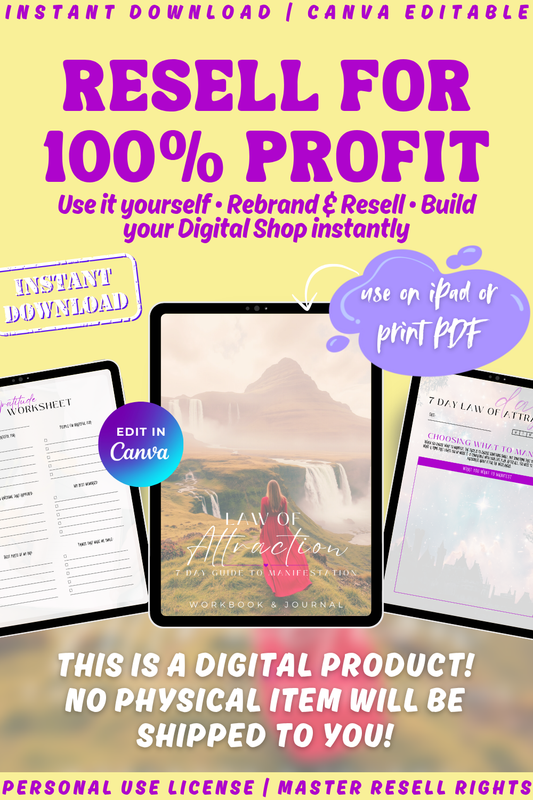 Law of attraction - 7 day workbook and journal. Available in personal use license, private label rights or master resell rights. This is a digital download. Use it yourself or rebrand and resell.