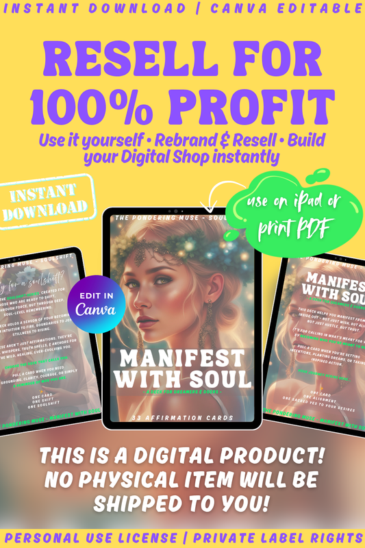 Promotional graphic for 'Manifest with Soul' affirmation cards from the SOulshift collection. Available in personal use license and private label rights. Resell for 100% profit