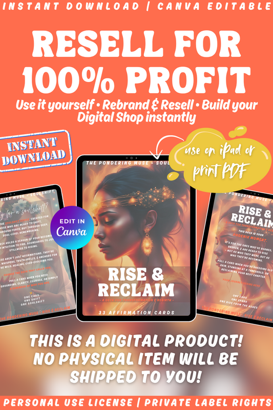 Promotional graphic for the "Rise & Reclaim" affirmation cards, a deck part of the "Soulshift" collection. Available in personal use license and private label rights. Image explaining private label rights and possibility to resell and keep 100% profit.