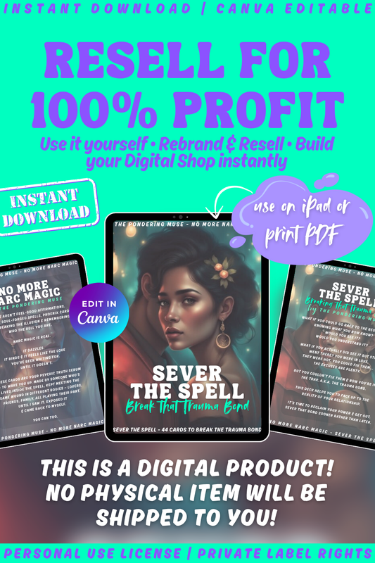 Promotional graphic showing previews of the sever the spell affirmation card deck. available in private label rights so you can resell and keep 100% profit.