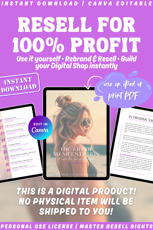 Digital product packaging of the guide "The art of manifestation - learn to master the law of attraction - your guide to your dream life" This is a digital product. Instant download. Available in personal use license, private label rights, and master resell rights.