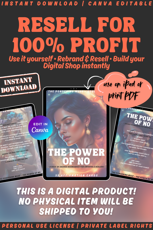 Promotional graphic for the affirmation card deck "The power of no" from the collection "Soulshift". available in personal use license and private label rights. resell and keep 100% profit