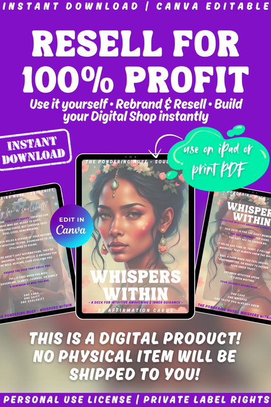 Promotional graphic of the affirmation card deck "Whispers within" of the collection "Soulshift". Available in personal use license and private label rights.
