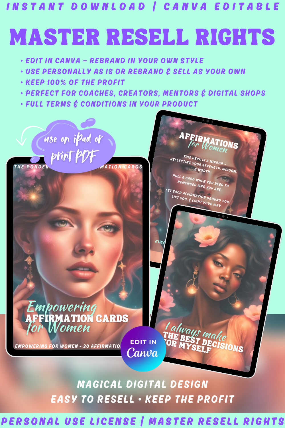 Promotional graphic for affirmation cards for women with text about private label rights and master resell rights.