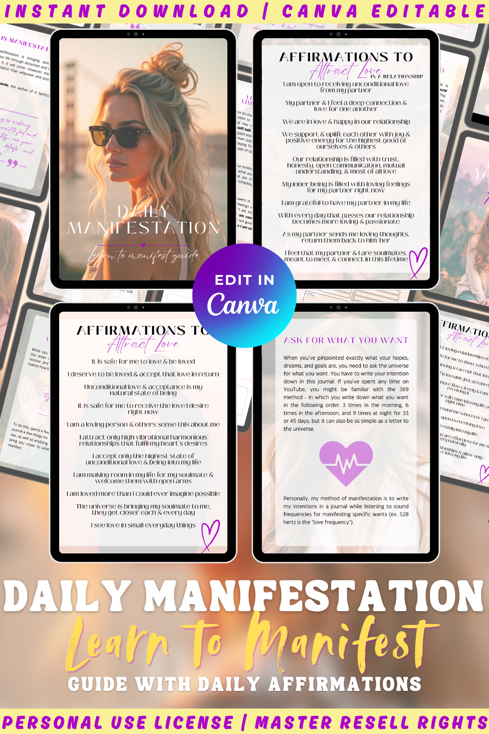 Digital manifestation guide - preview of pages from the guide. Affirmations to attract love. Learn to manifest and live in abundance. 