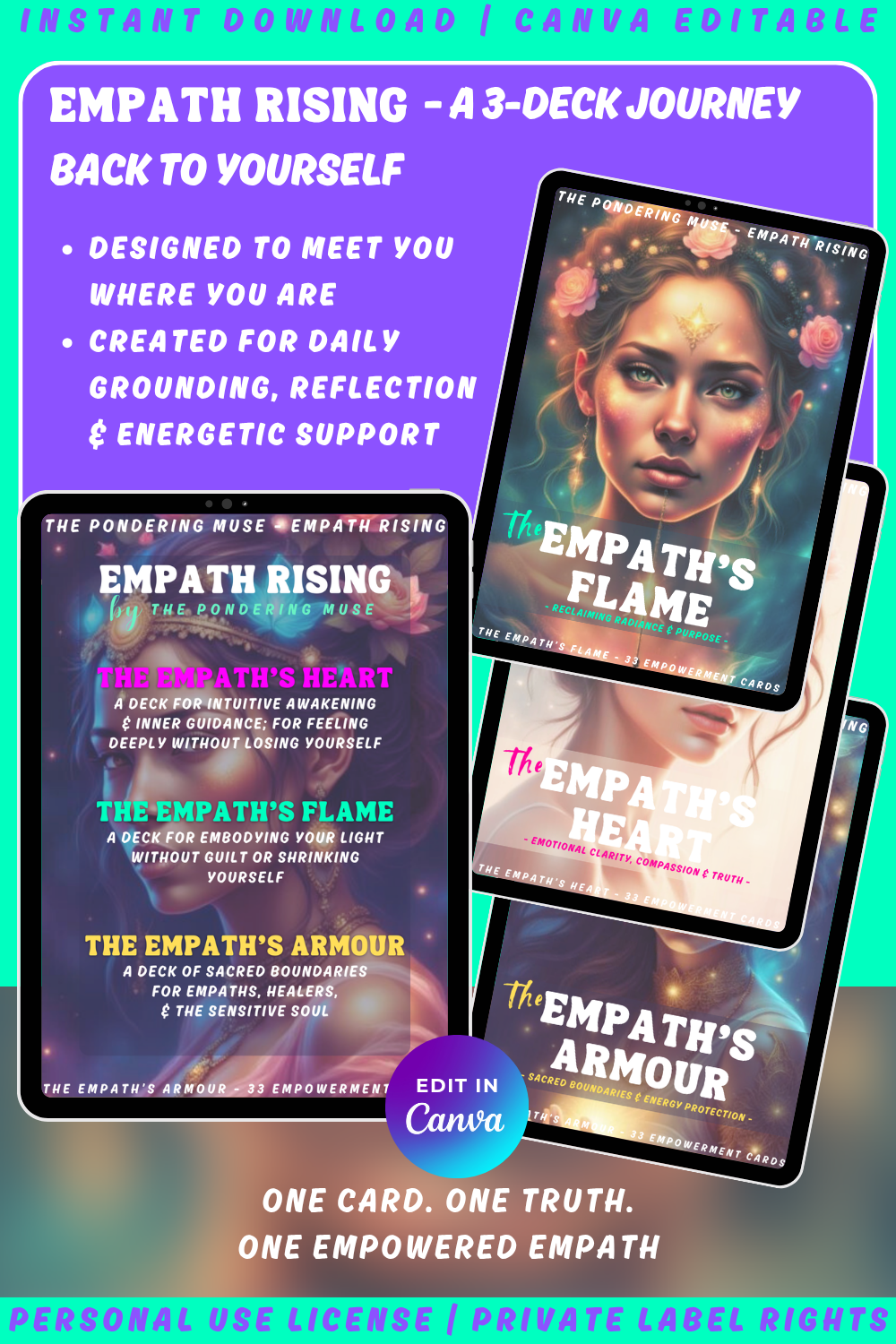 Promotional graphic for 'Empath Rising - The Empath's Flame' affirmation cards with a woman's face and text. Available in personal use license and private label rights. Image showing the full collection including the other two decks: The Empath's heart and the empath's armour.