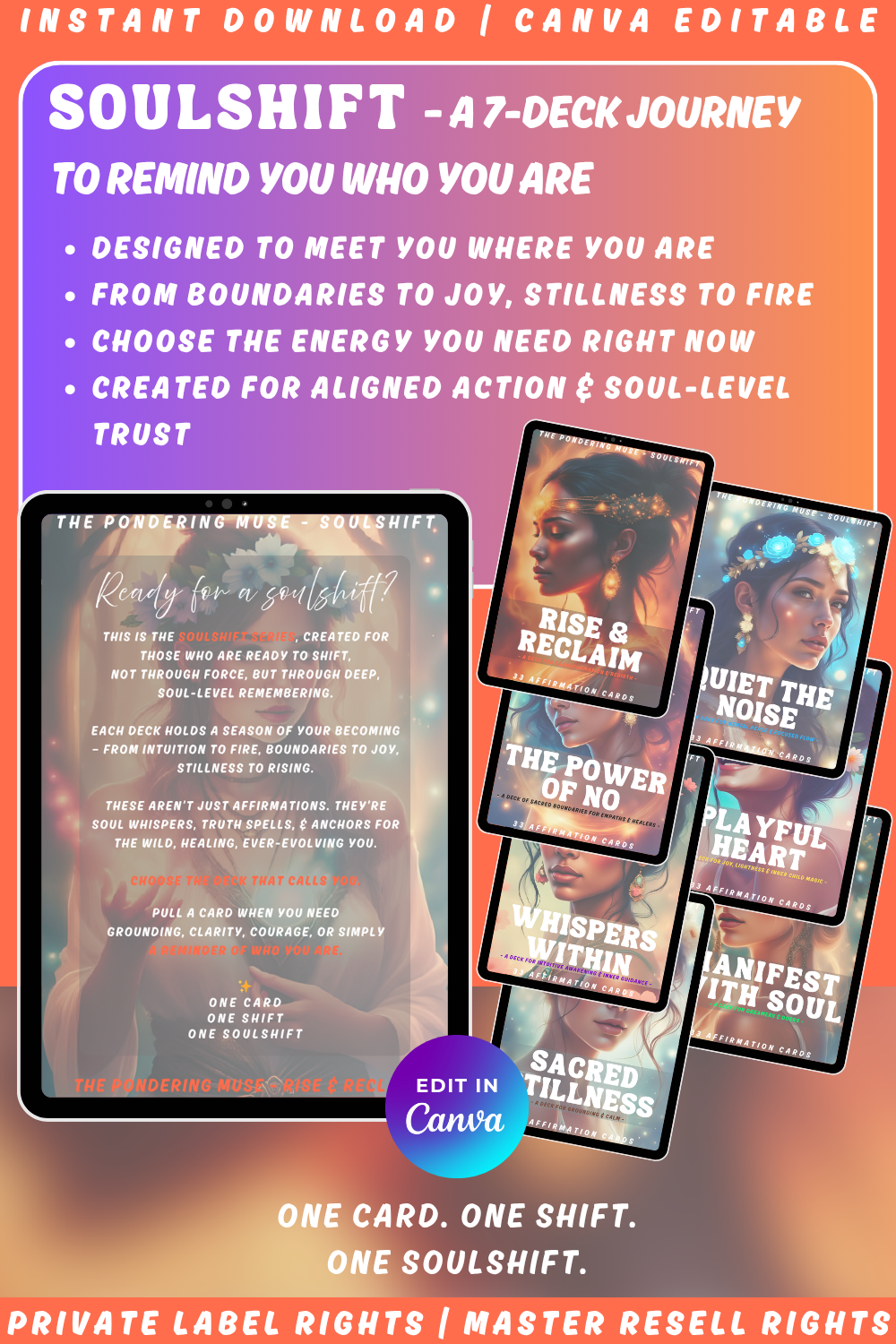 Promotional graphic for the "Rise & Reclaim" affirmation cards, a deck part of the "Soulshift" collection. Available in personal use license and private label rights. Image showcasing the entire Soulshift collection of 7 decks. 
