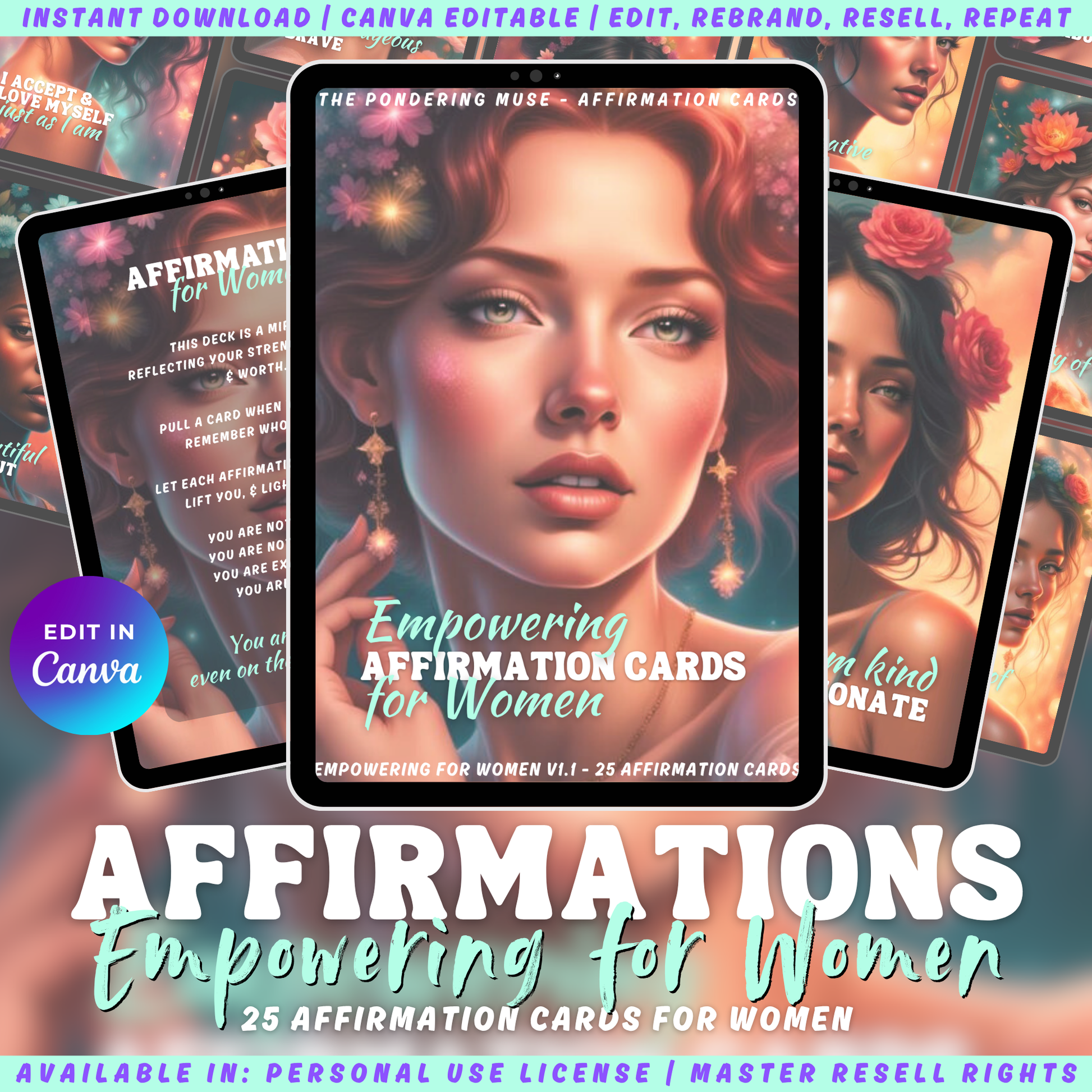 Promotional graphic for affirmations for women with tablet images and text overlay. 25 affirmation cards for women.