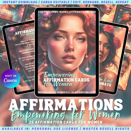 Promotional graphic for affirmations for women with tablet images and text overlay. 25 affirmation cards for women.