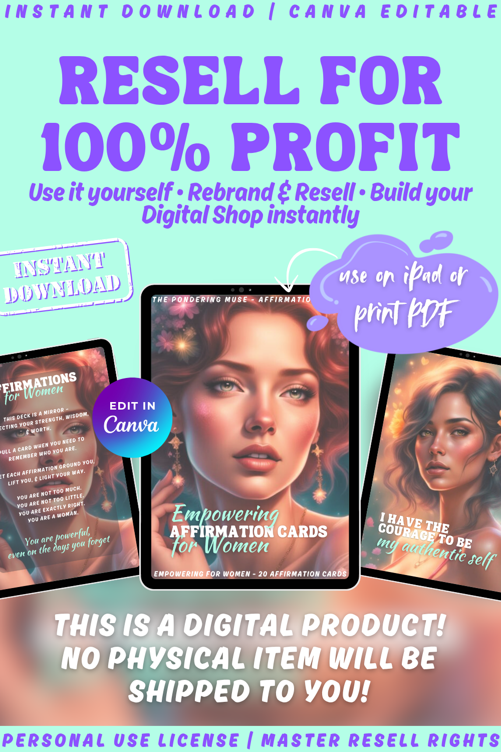 Promotional graphic for empowering affirmation cards for women with text about resale and digital use. This is a digital download.