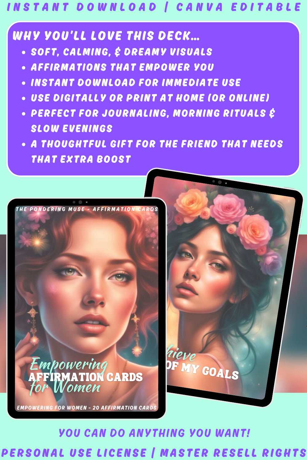 Two affirmation cards with women's faces on a colorful background, surrounded by promotional text. Explaining why you'll love this empowering affirmation deck. It's perfect for journaling, and a thoughtful gift for the friend that needs the extra boost.