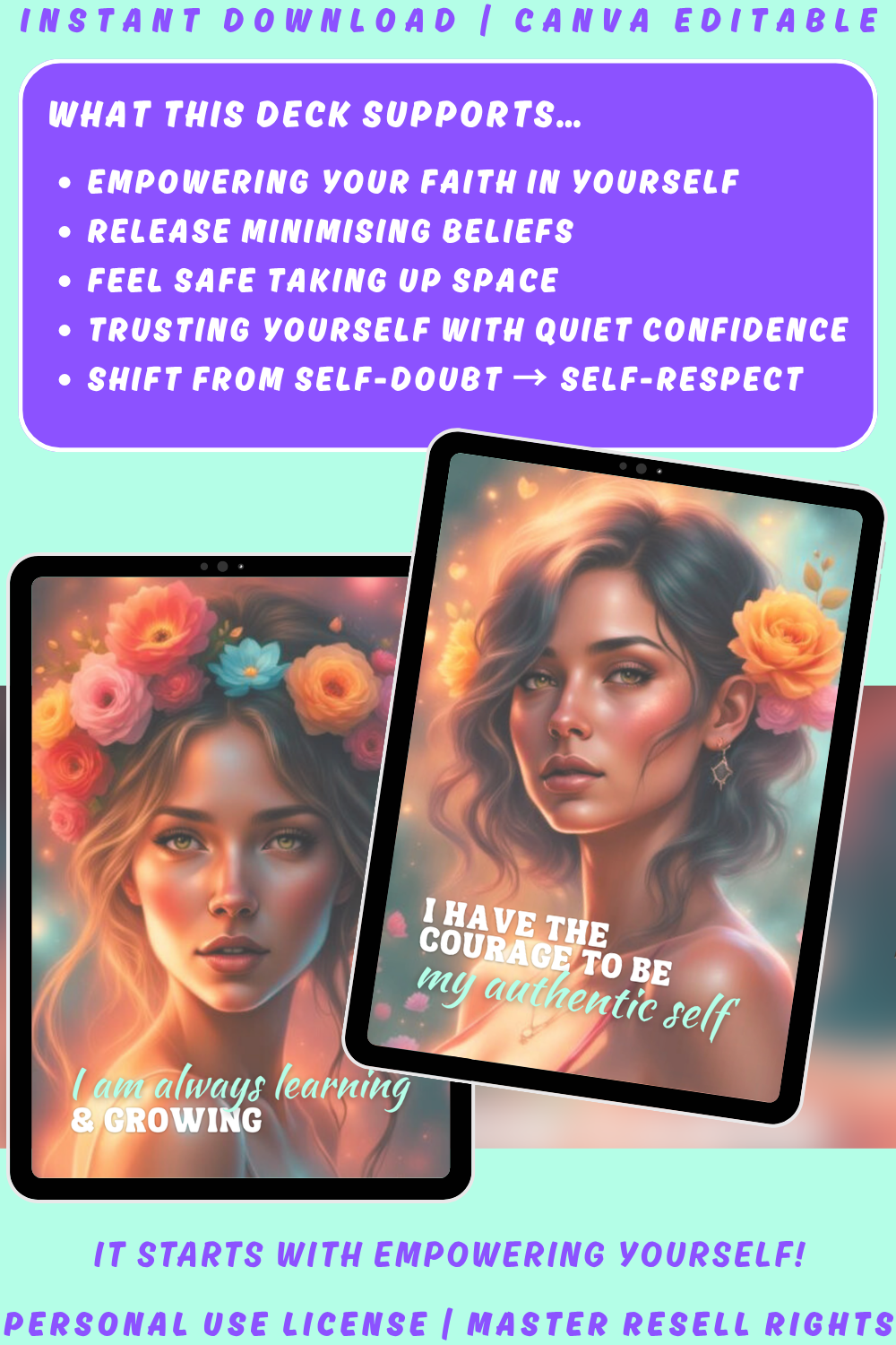 Displaying images of women with flowers in their hair. Explaining what this deck supports. Affirmation cards that empower your faith in yourself. 
