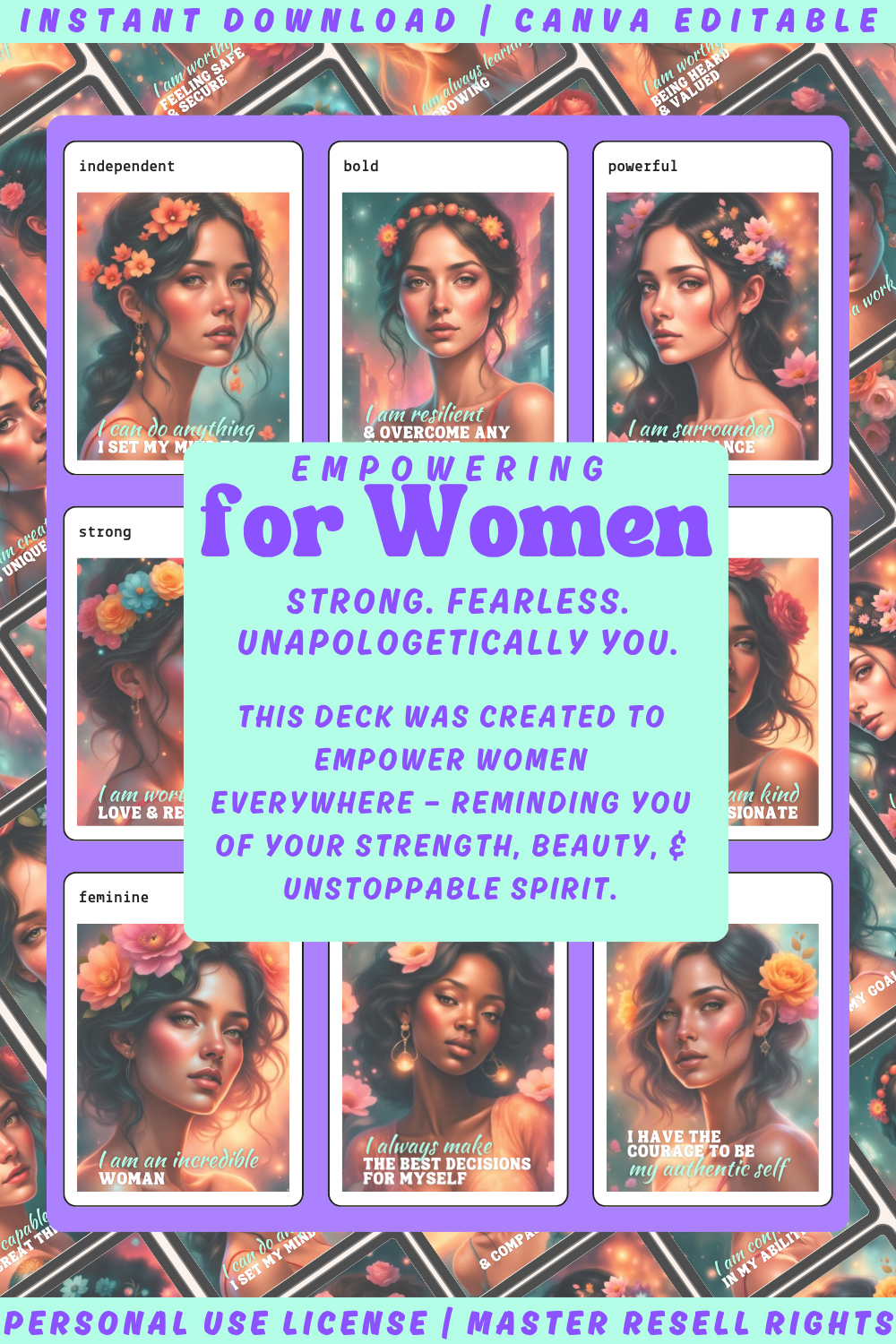 Card deck packaging with images of women and empowering text: Strong, fearless, unapologetically you. This deck was created to empower women everywhere - reminding you of your strength, beauty and unstoppable spirit. 