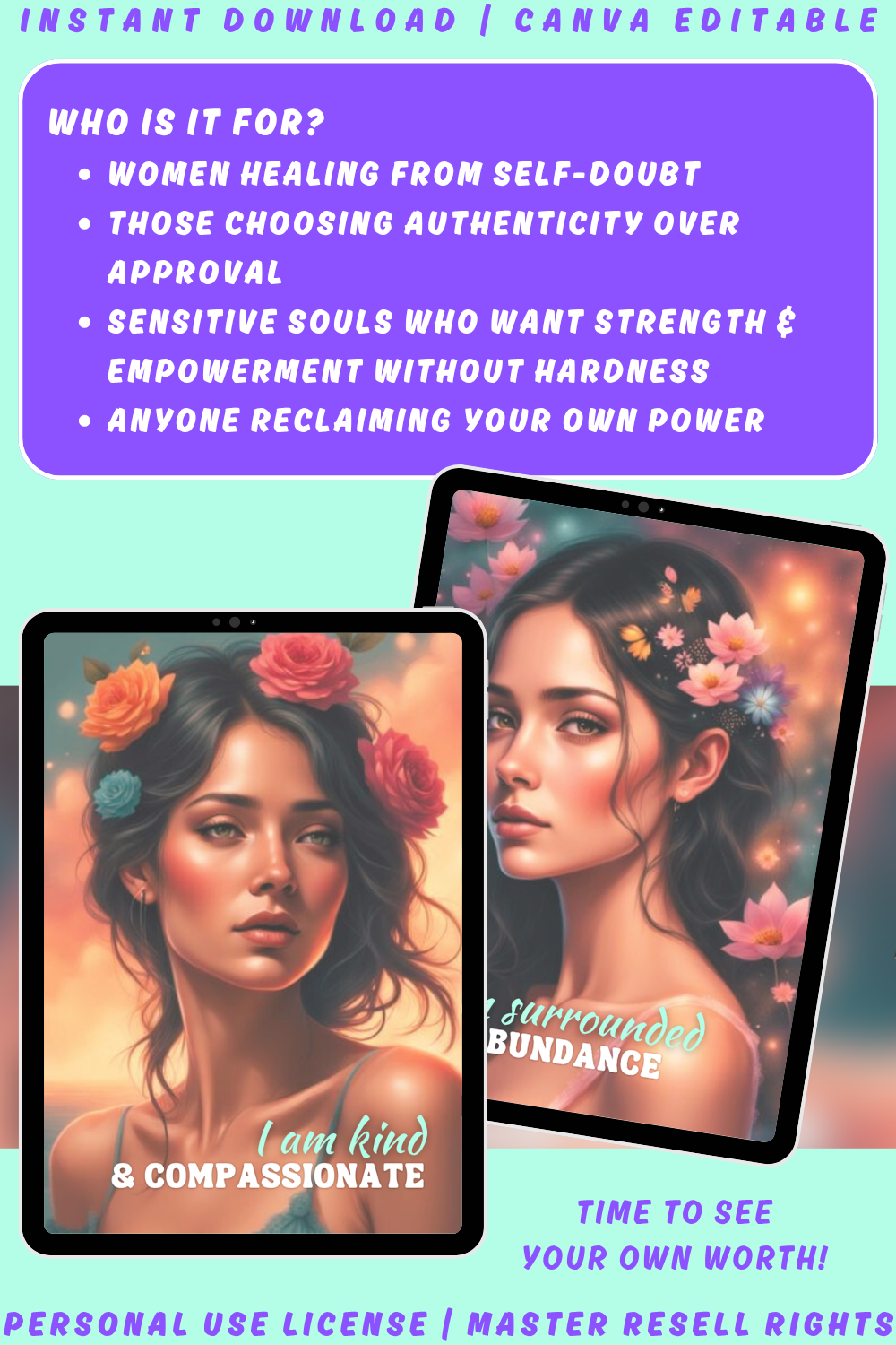 Displaying women with flowers in their hair and text about self-healing and empowerment. Who is this deck for? Women healing from self-doubt or those reclaiming their own power.