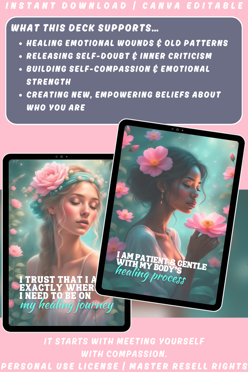 Displaying affirmation cards with quotes and explaining what this deck supports. Healing emotional wounds and old patterns. 