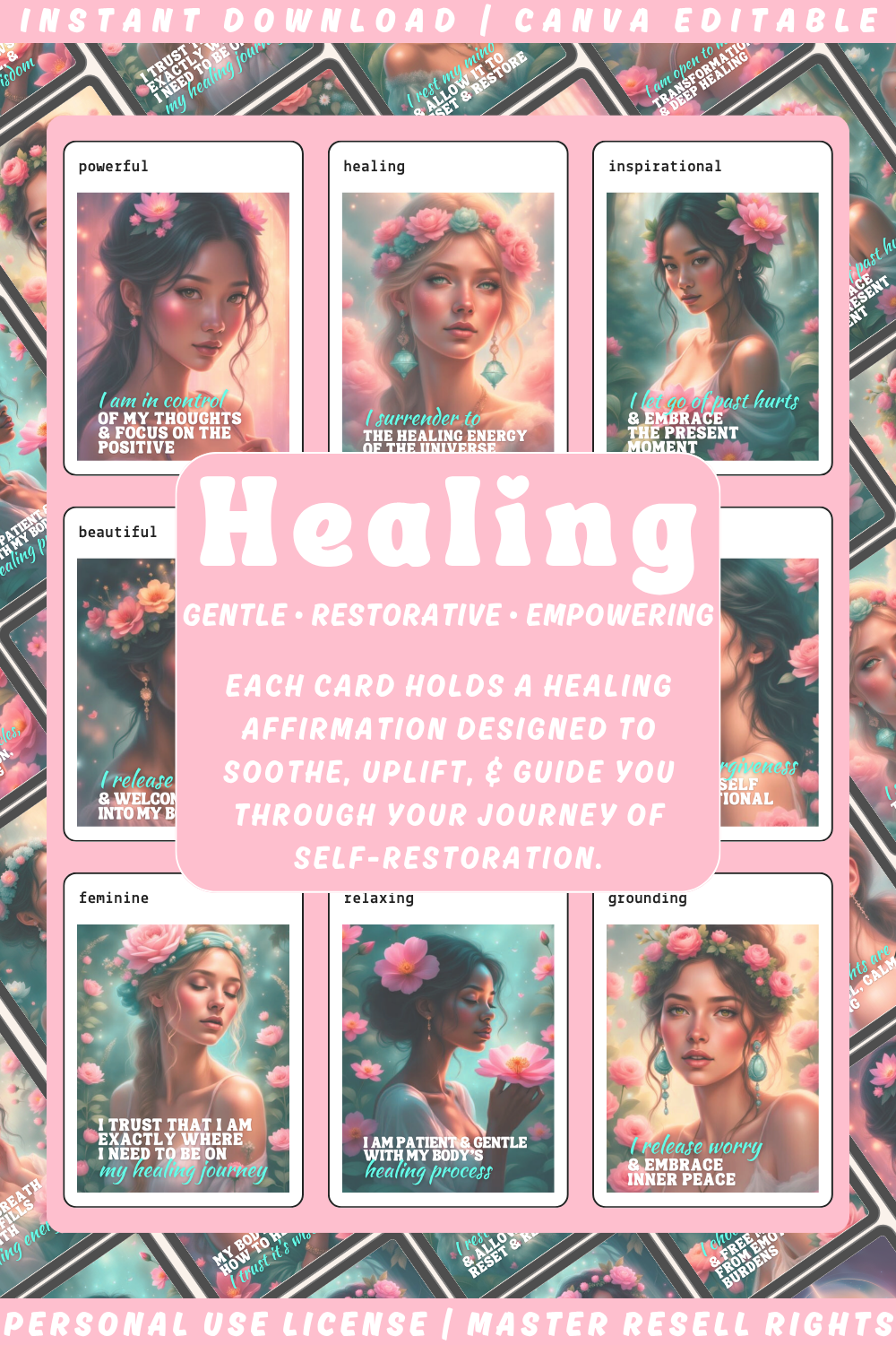 Preview of a collection of cards with healing affirmations. This deck is gentle, restorative, empowering and each card holds a healing affirmation designed to soothe, uplift and guide you through your journey of self-restoration.