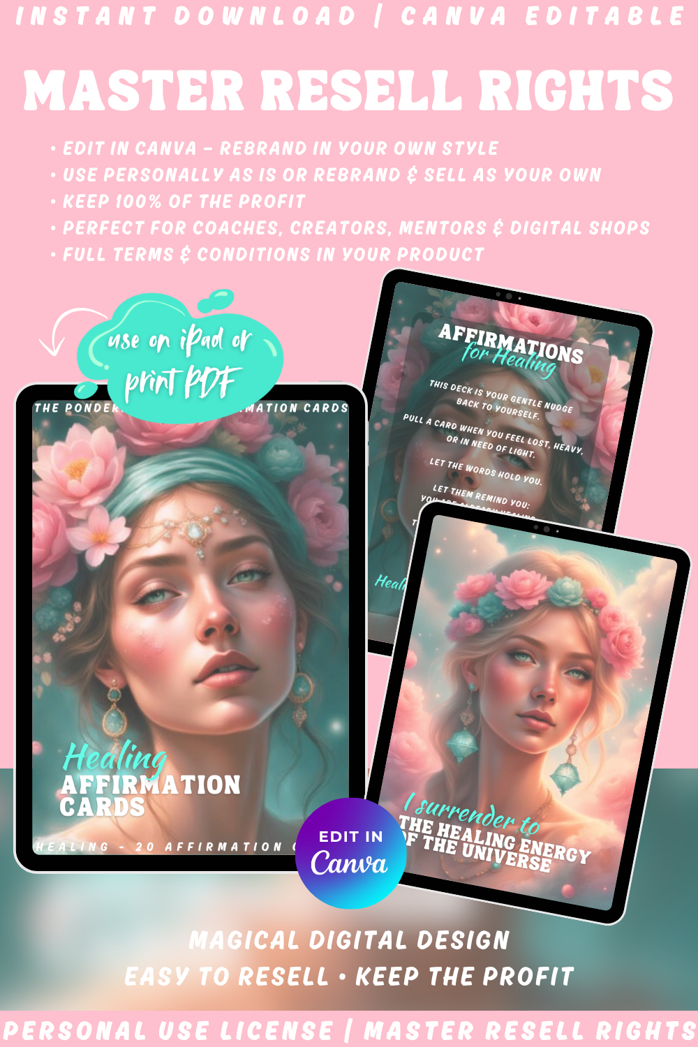 Digital product packaging of the Healing affirmation cards. Displaying an example card, and introduction card. Available licenses Private label rights, master resell rights, and personal use license. 