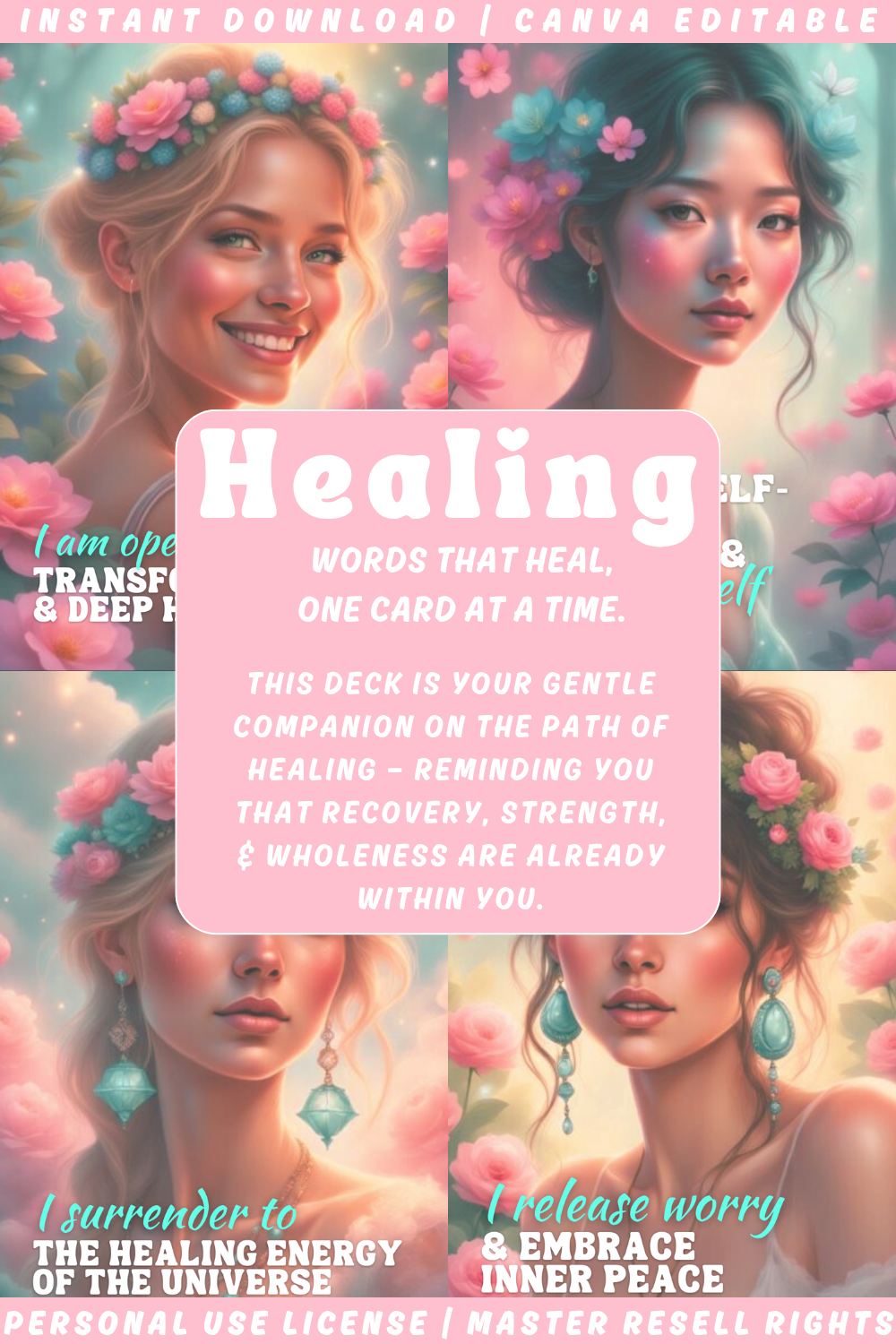 Promotional graphic for a healing affirmation card deck with the text: Healing. words that heal. one card at a time. this deck is your gentle companion on the path of healing - reminding you that recovery, strength, and wholeness are already within you.