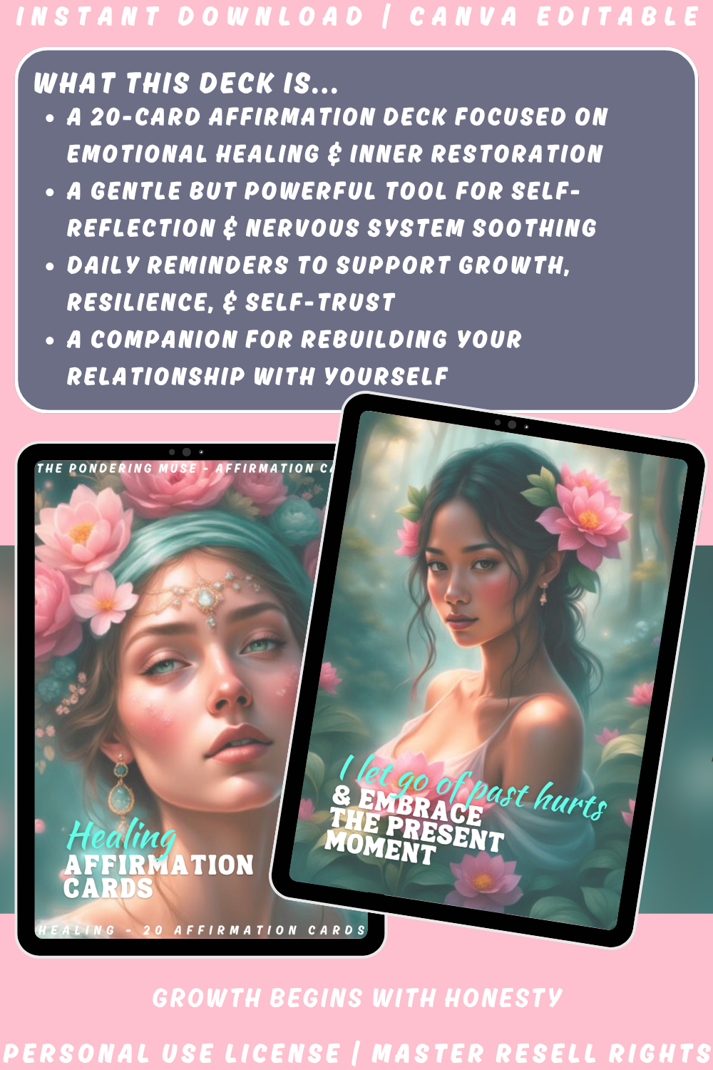 Promotional image of 'Healing Affirmation Cards' explaining what this deck is. A gentle but powerful tool for self-reflection and nervous system soothing. Available with the licenses personal use, private label rights or master resell rights.