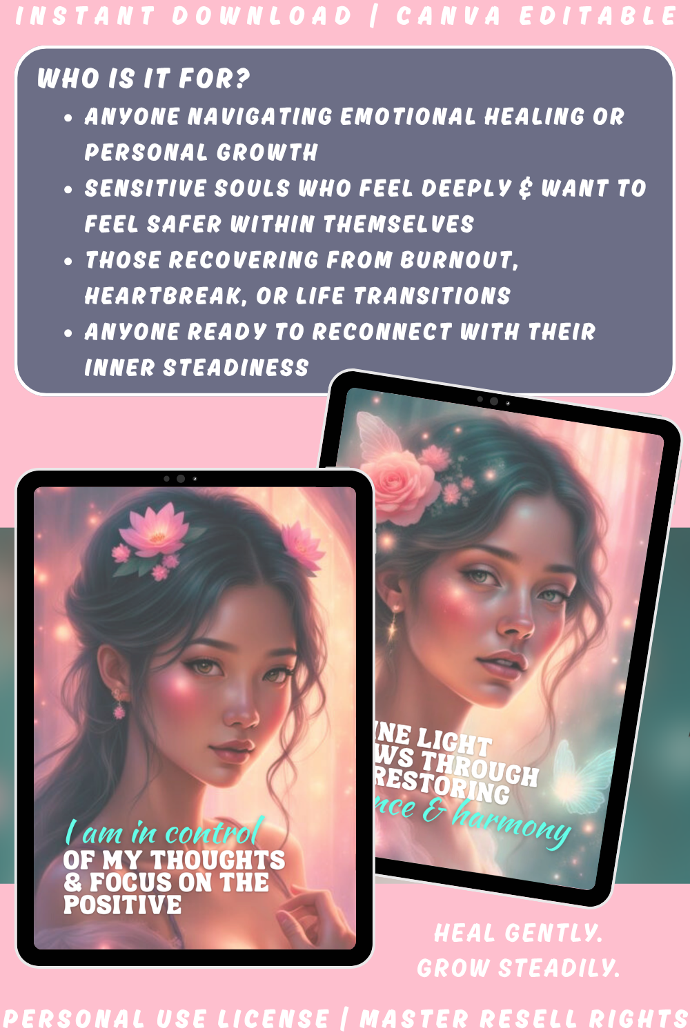 Displaying women with floral hair accessories and motivational text on a pink background. Explaining who the healing affirmation deck is for. Anyone navigating emotional healing or personal growth. 