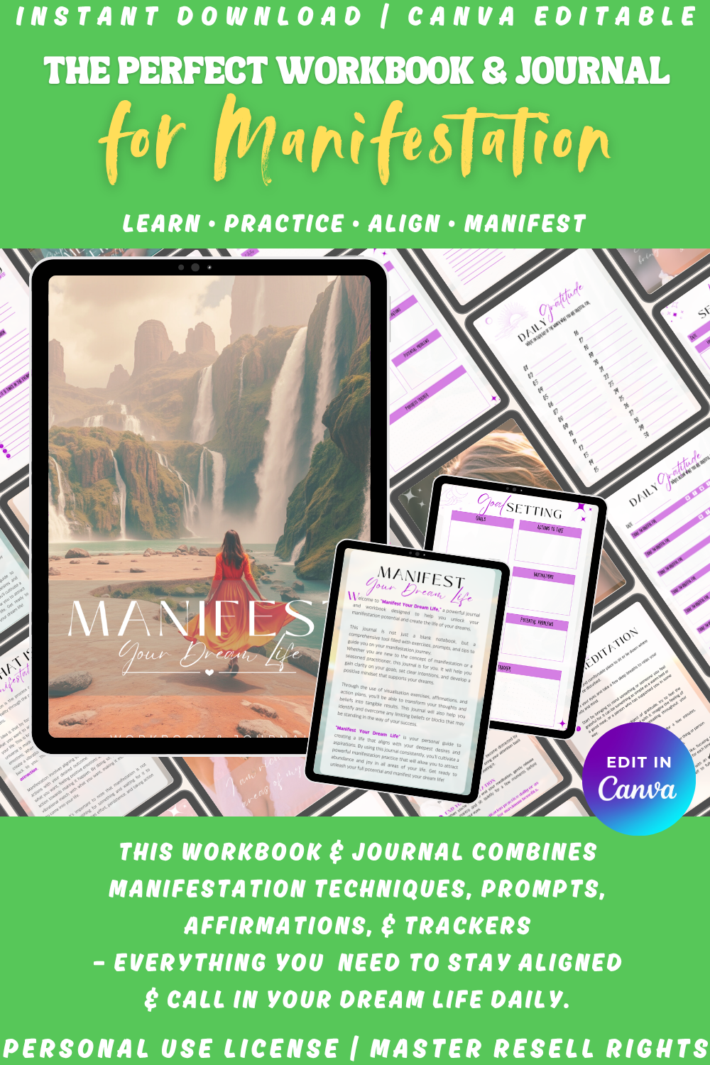 Manifestation workbook and journal with a scenic cover and text about PLR and MRR. The workbook gives you everything you need to stay aligned and call in your dream life instantly. 