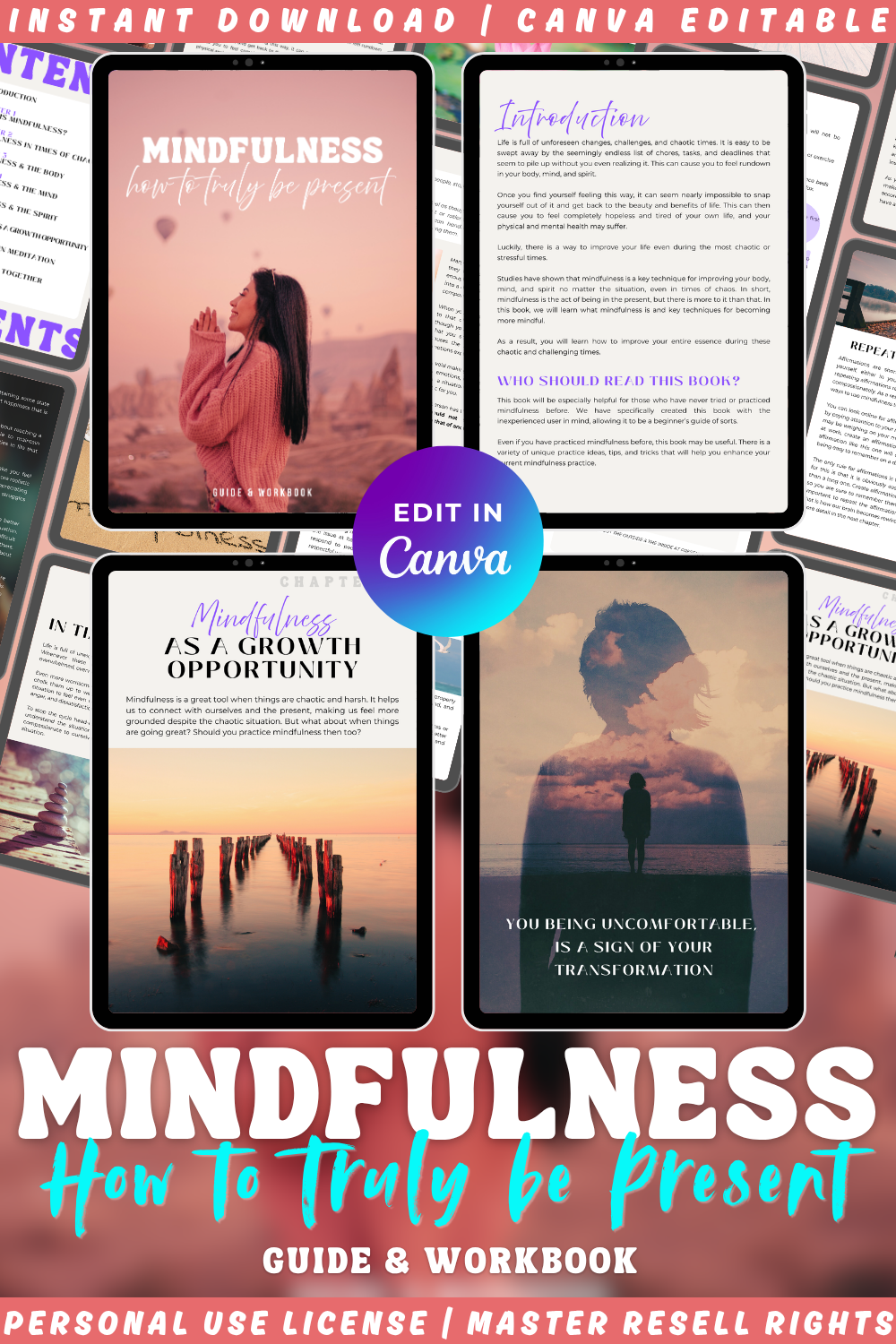 Mindfulness guide and workbook - previews from the ebook's pages. Be present in your daily life. 