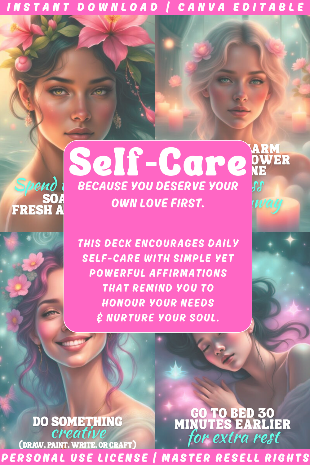 Promotional graphic for a self-care deck with four cards and text on a pink background. The deck comes in the options personal use, plr or mrr. Choose self-care because you deserve your own love first. 