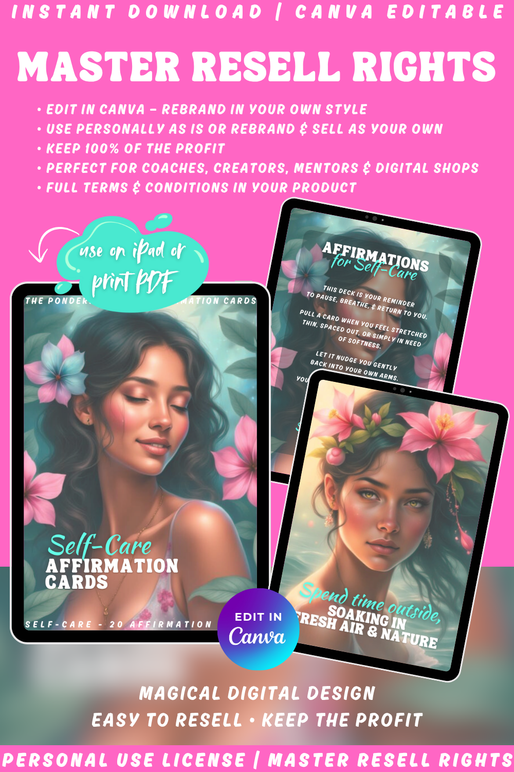 Promotional graphic for self-care affirmation cards featuring women with flowers in their hair and nurturing quotes. The deck comes with personal use, PLR or MRR as options. Use it digitally or print it.
