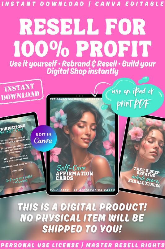 Digital product advertisement for self-care affirmation cards with a woman's face on a pink background. Instant download. Resell for 100% profit.