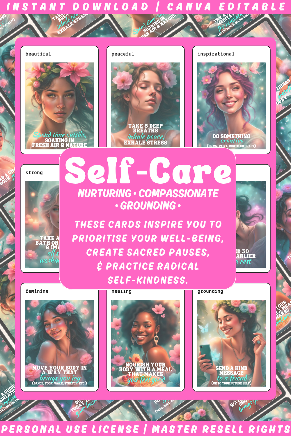 Collection of self-care affirmation cards with images of women, flowers and motivational phrases on a pink background. Nurturing, compassionate and grounding, this deck inspires you to prioritise your well-being.
