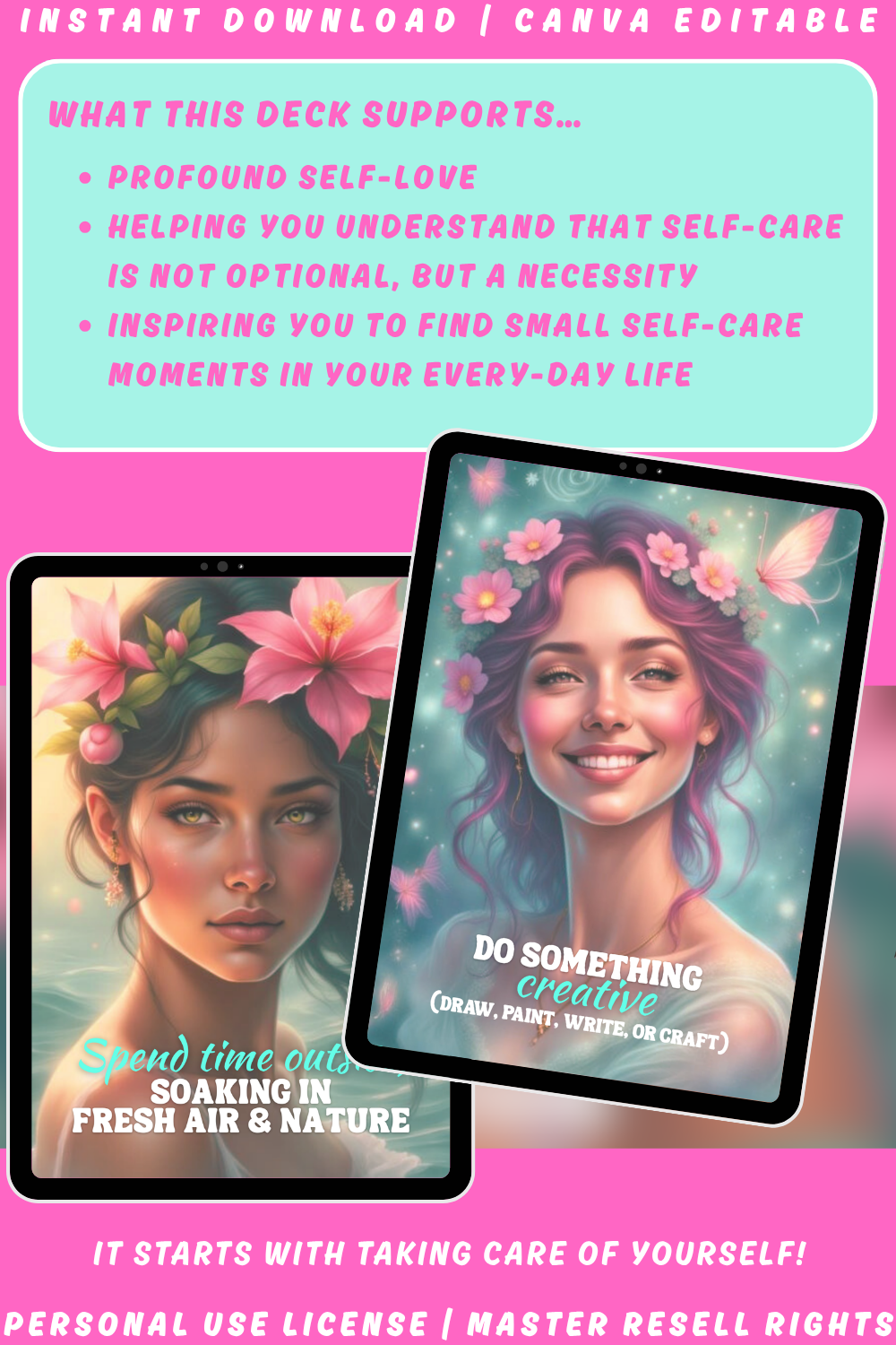 Digital affirmation cards with artistic illustrations of women with flowers in their hair and text on a pink background explaining what the Self-Care Affirmation deck supports. 
