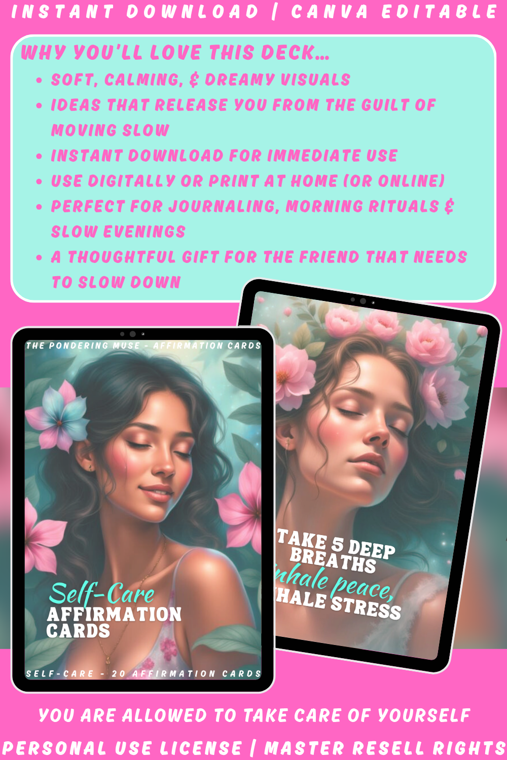Promotional graphic for self-care affirmation cards explaining why you'll love this deck. Perfect for journaling, morning rituals and slow evenings. 