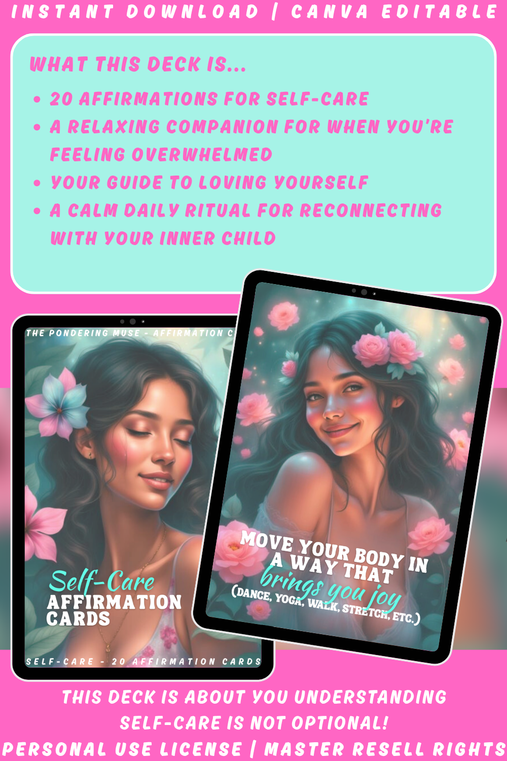 Self-care affirmation cards with women and flowers on a pink and green background. Private Label Rights, Master Resell Rights.  