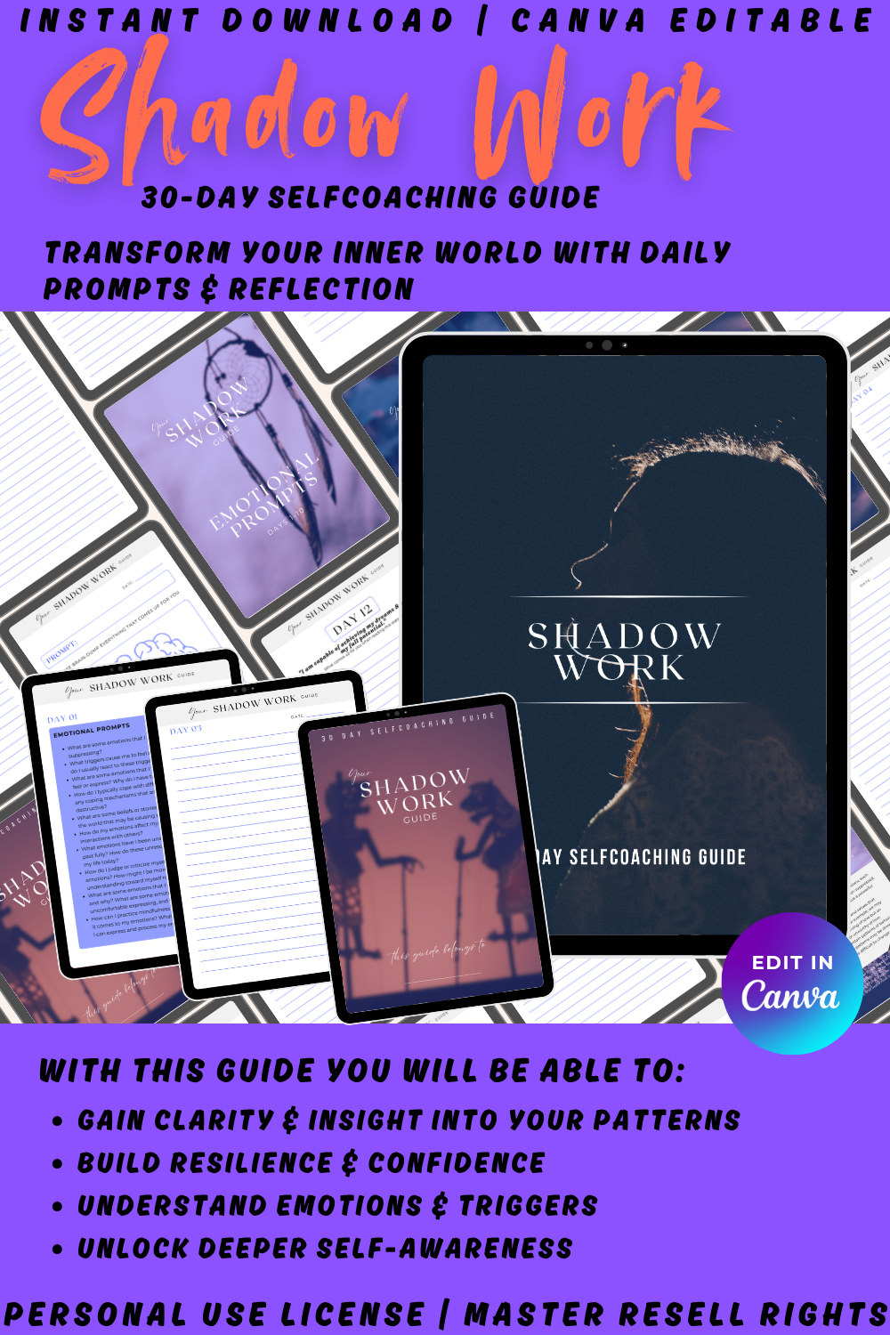 "Shadow Work" healing guide to transform your inner world with daily prompts and reflection. Available in personal use license and master resell rights. 