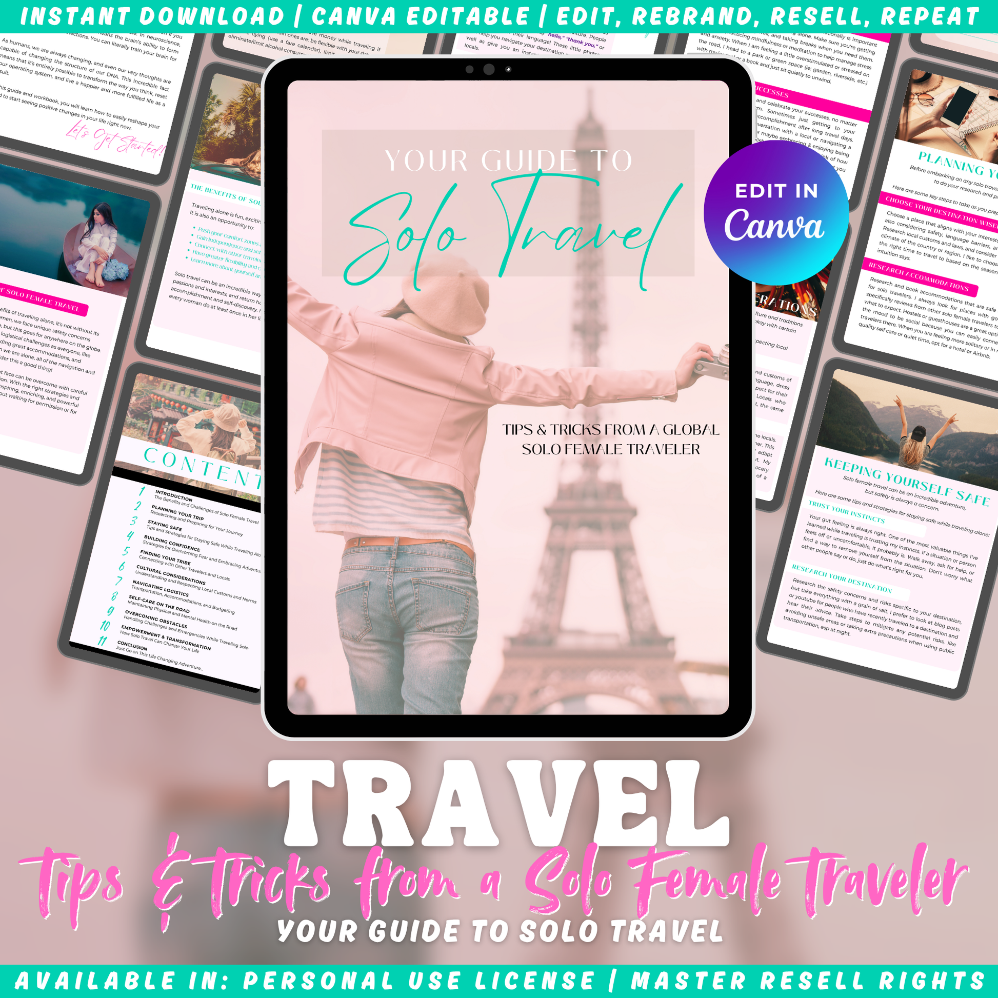 Travel ebook cover for 'Your Guide to Solo Travel' with a person in front of the Eiffel Tower, on top of previews from the ebook pages.
