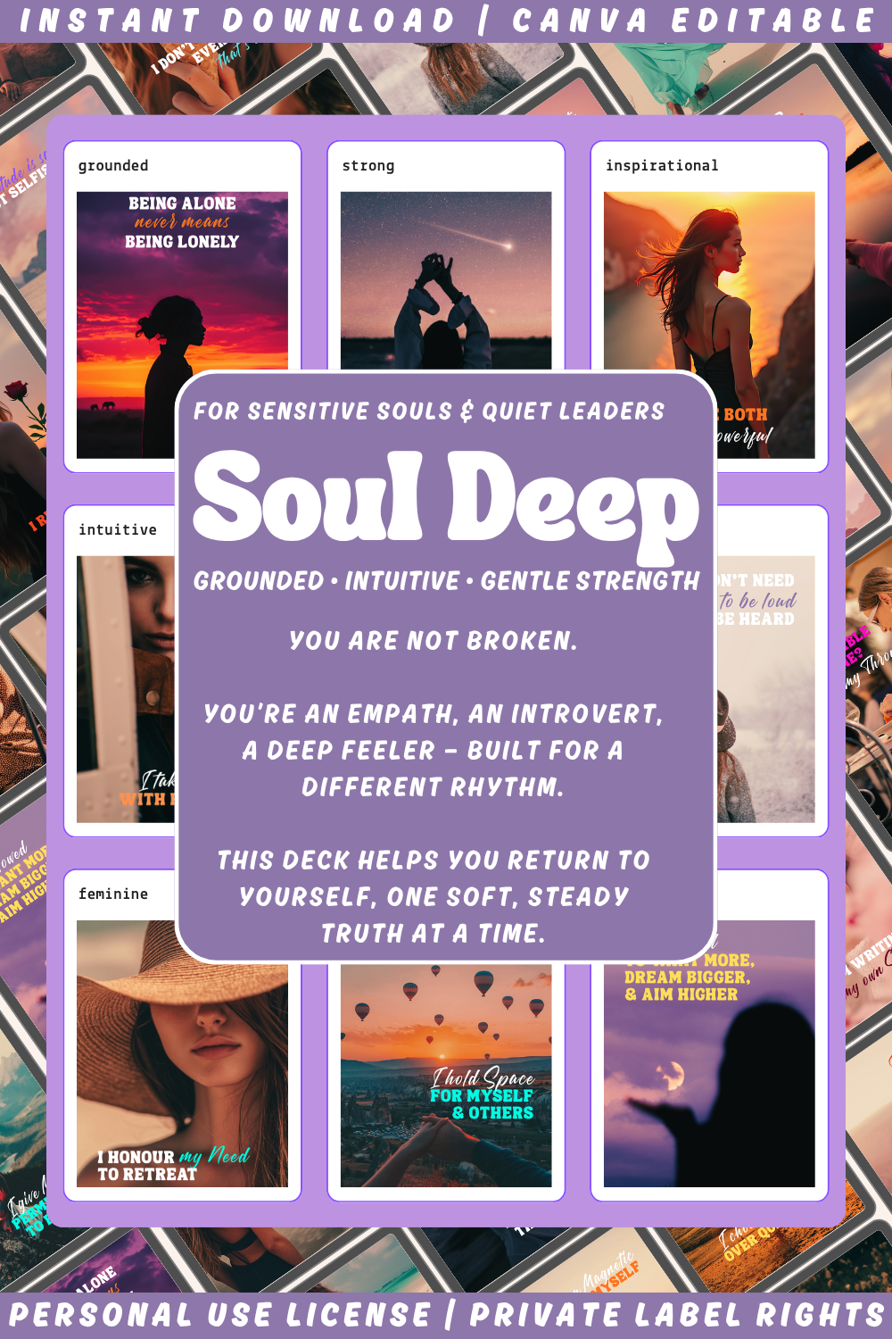 Promotional graphic explaining the "Soul Deep" affirmation cards are for the sensitive souls and quiet leaders. Available in personal use license and private label rights.