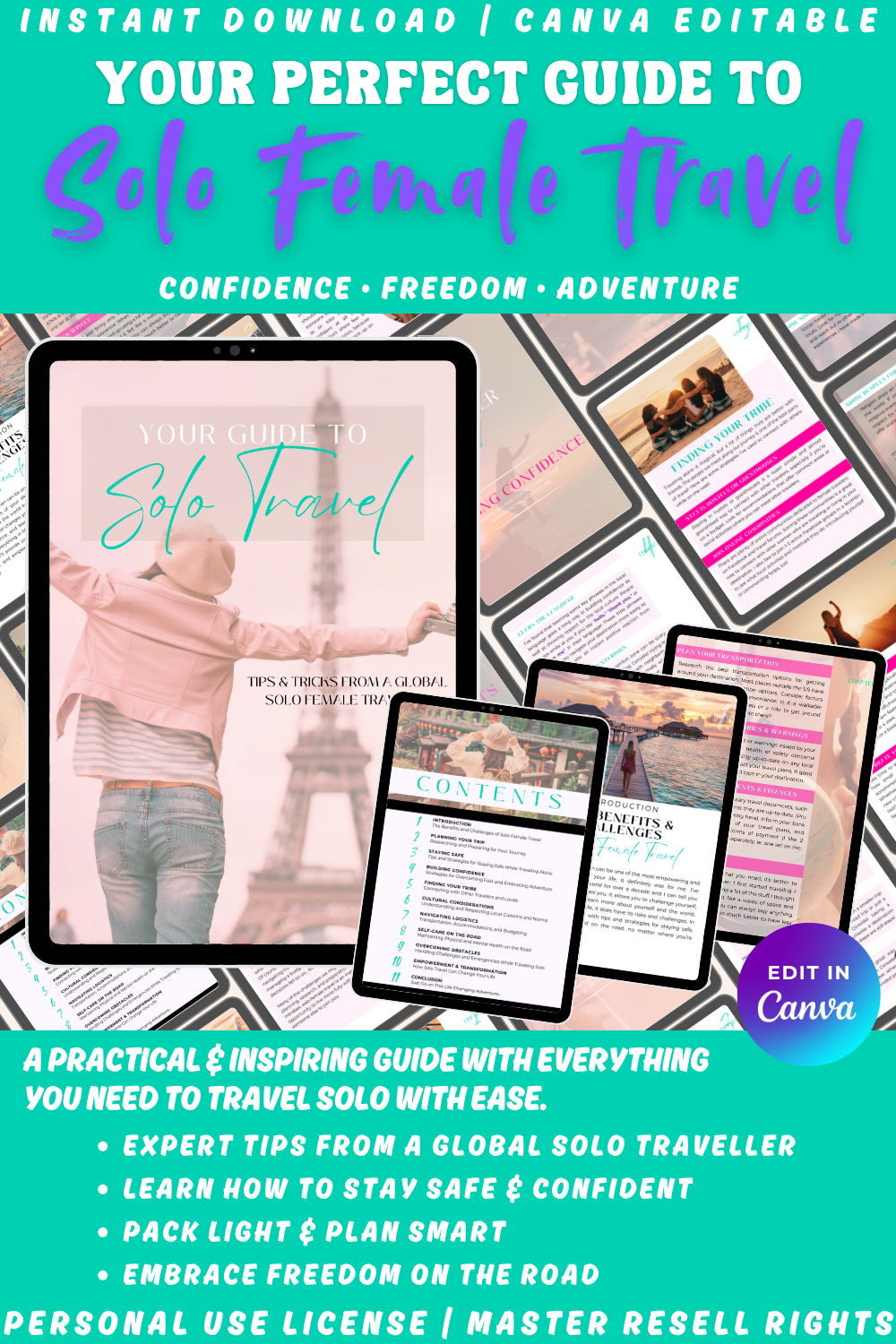 Promotional graphic for 'Your Perfect Guide to Solo Travel' with text and images of a tablet displaying the guide on top of previews of inside pages. Edit in Canva. 