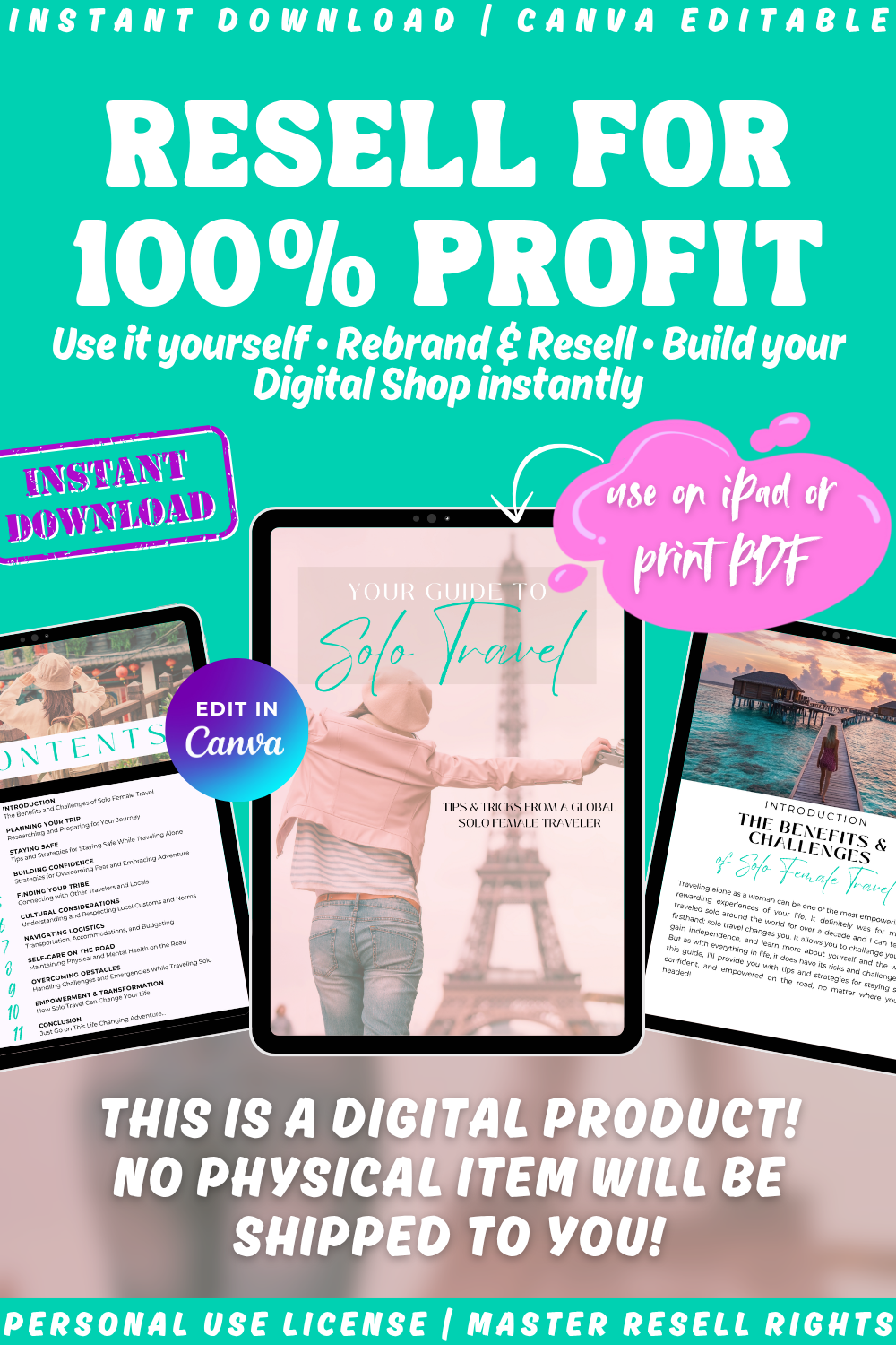 Graphic describing the digital product: Your guide to solo travel. Digital Download. Resell for 100% profit. Rebrand & resell. Build your digital shop instantly. Comes with the options personal use, plr, or mrr.  