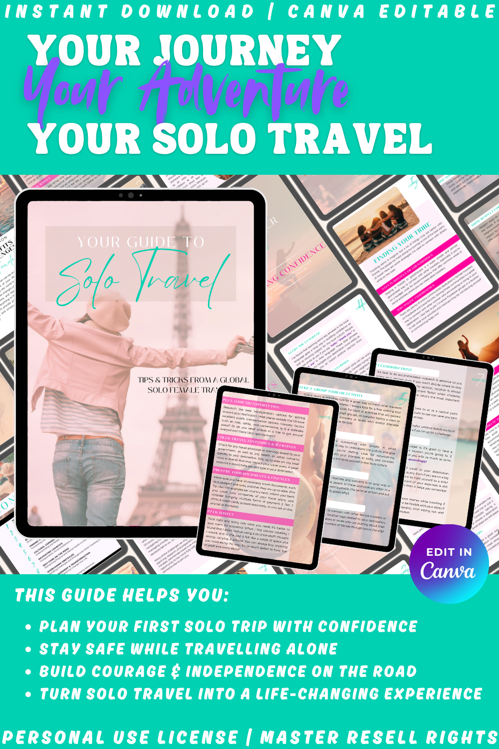 Solo travel guide with Canva editing options on a collage background. The guide helps you plan your first solo trip with confidence and turn your solo adventure into a life-changing experience.