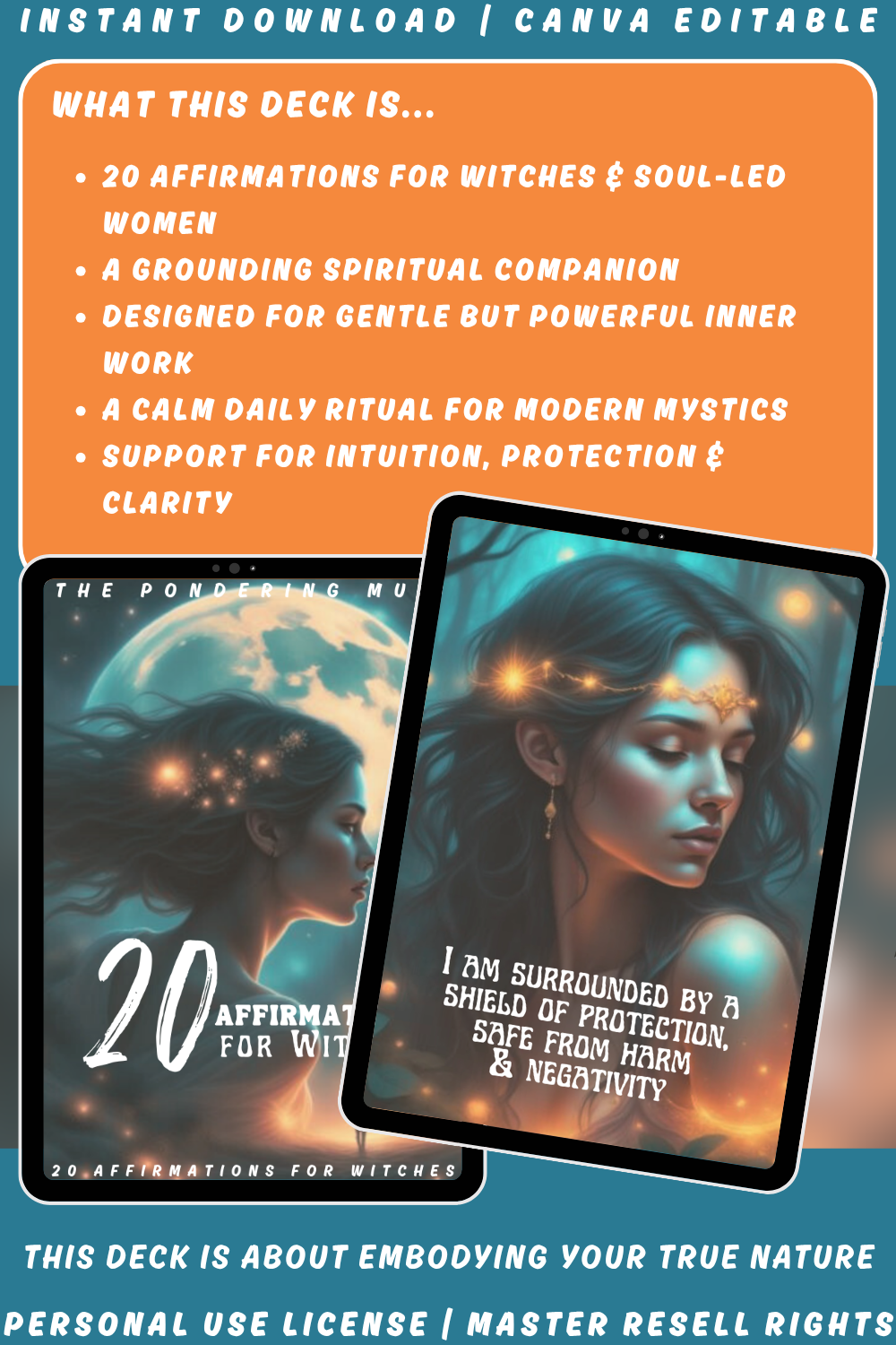 Affirmation card deck for witches. Overview of the deck and explaining what this deck is. It's a grounding spiritual companion, designed for gentle but powerful inner work. Available in personal use license, private label rights, or master resell rights. 