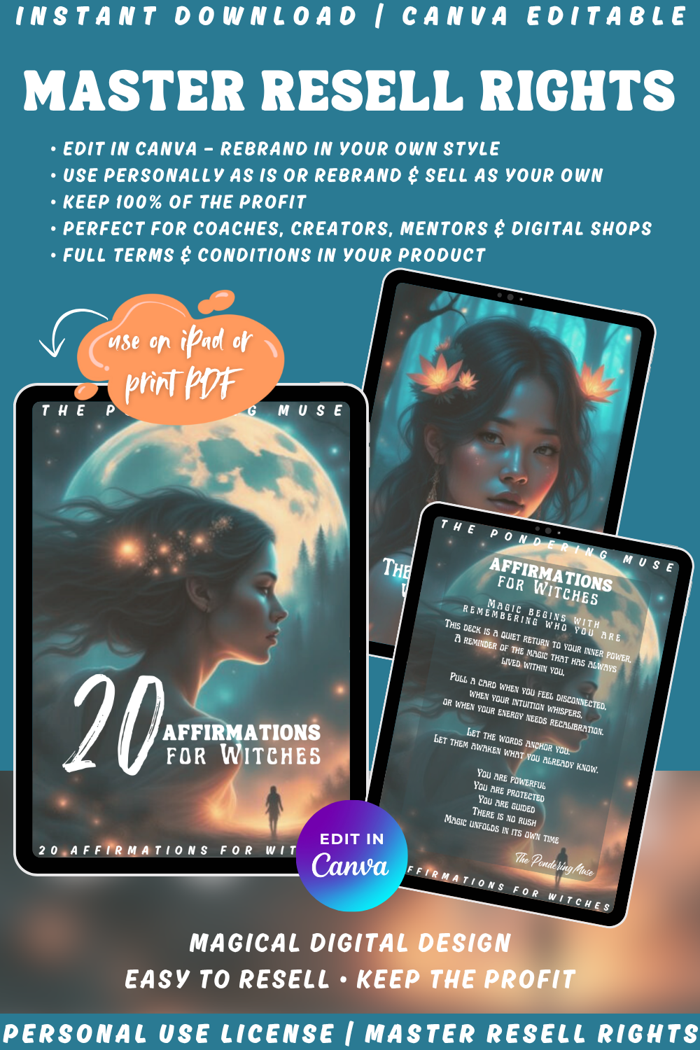 Affirmations for witches. Use personally or buy PLR or MRR for rebranding or reselling. Perfect for creators or mentors. Instant download. 