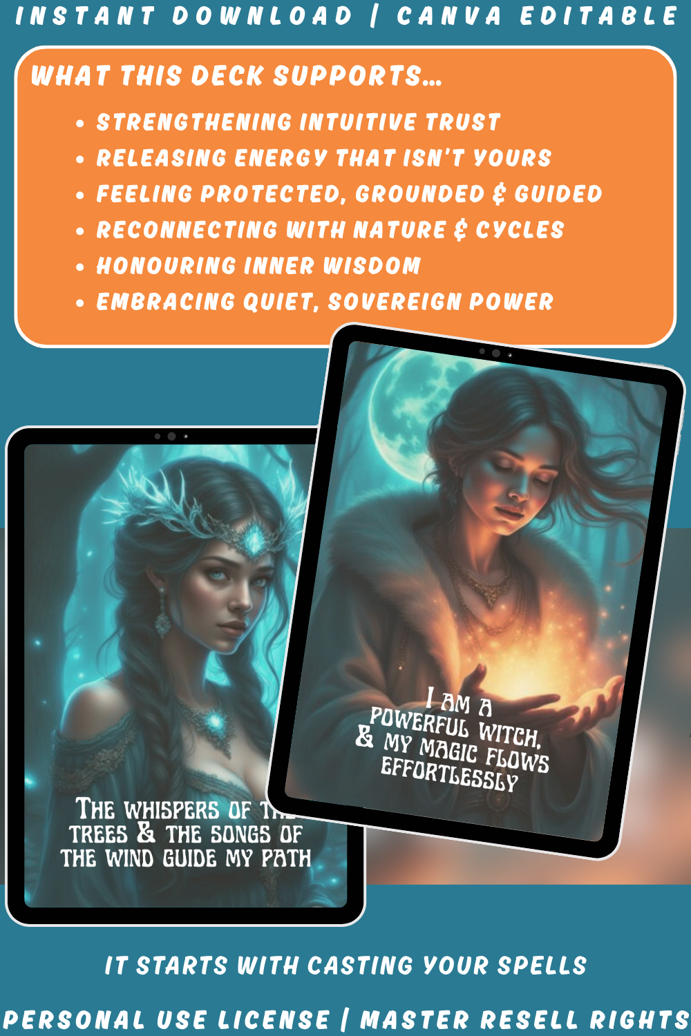 Affirmations for witches, this deck supports strengthening your intuitive trust, reconnecting with nature and cycles, honouring inner wisdom. Available with personal use license, private label rights and master resell rights. 