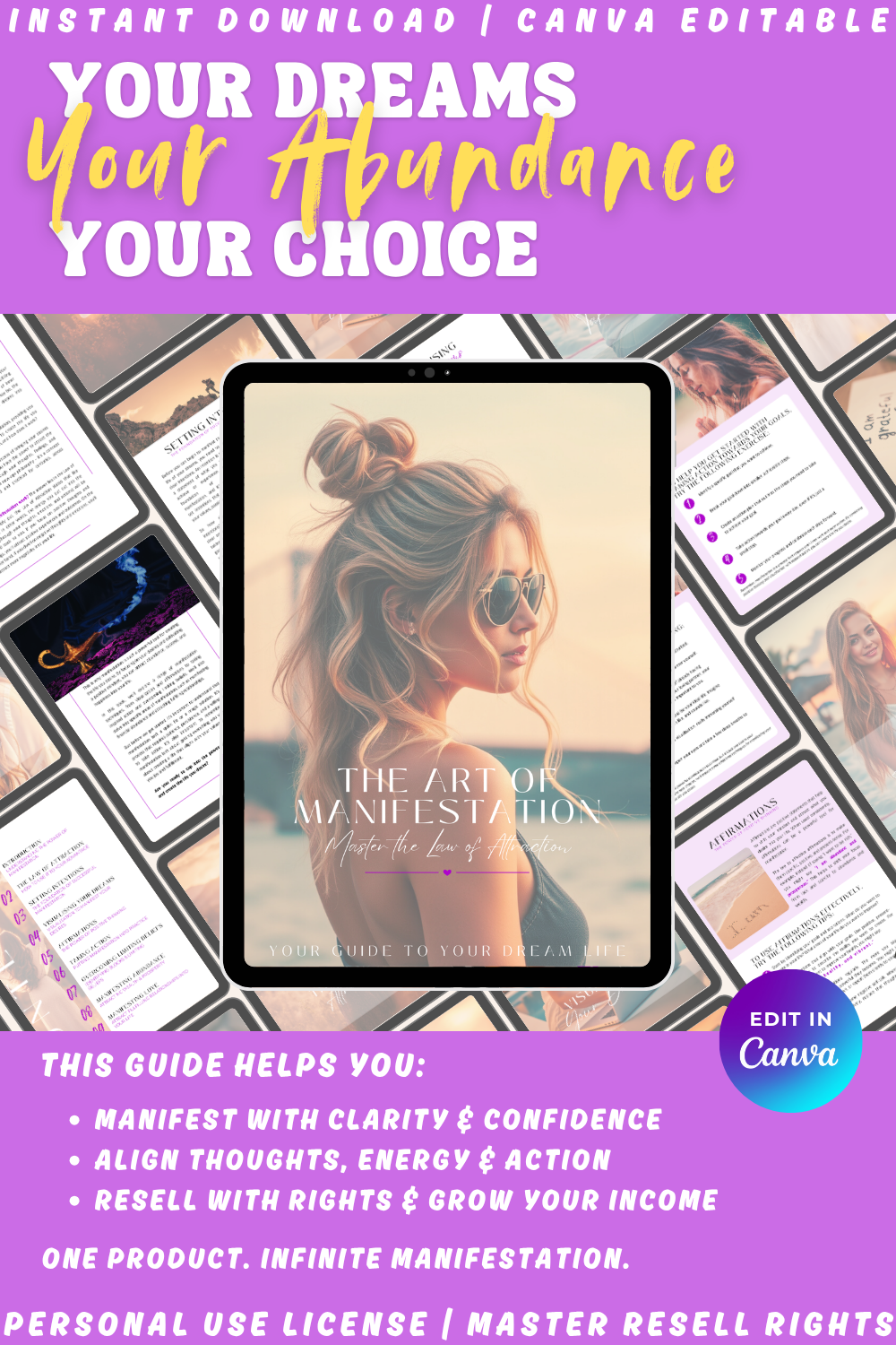 Ebook cover of "The art of manifestation - learn to master the law of attraction - your guide to your dream life". One product. Infinite manifestation. 