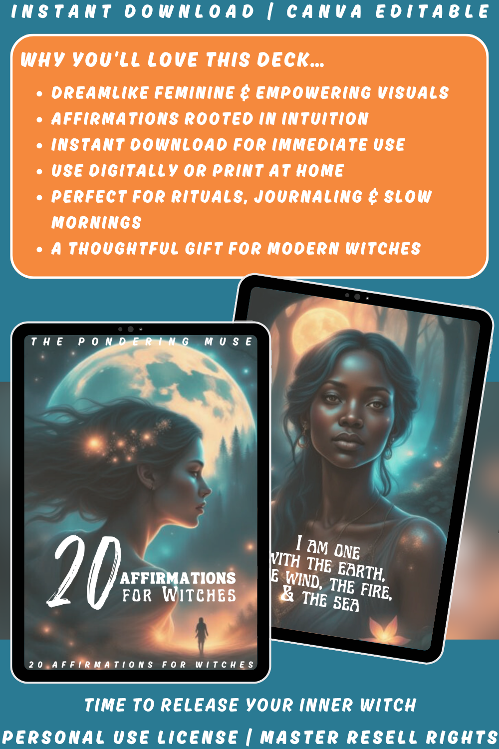 Promotional graphic for '20 Affirmations for Witches' deck with text about its features and why you'll love it. Instant download, can be used digitally or printed. perfect for rituals, journaling and slow mornings. 