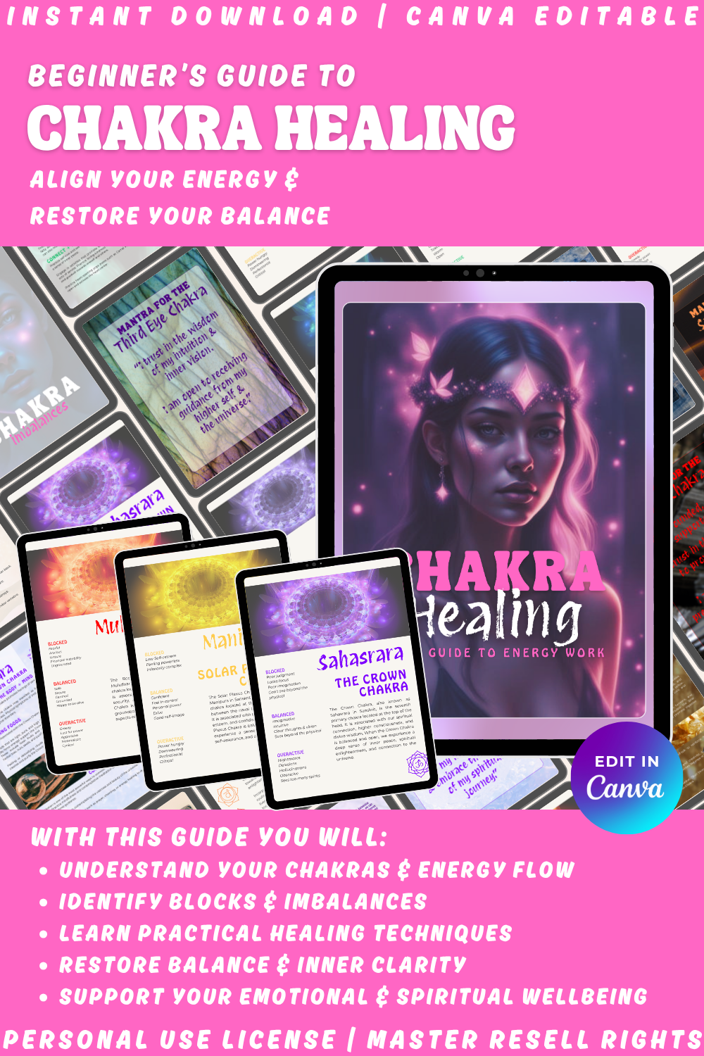 Digital product cover for 'Beginner's Guide to Chakra Healing - your guide to energy work' with a tablet displaying the guide on a pink background. available in personal use license or master resell rights (MRR)