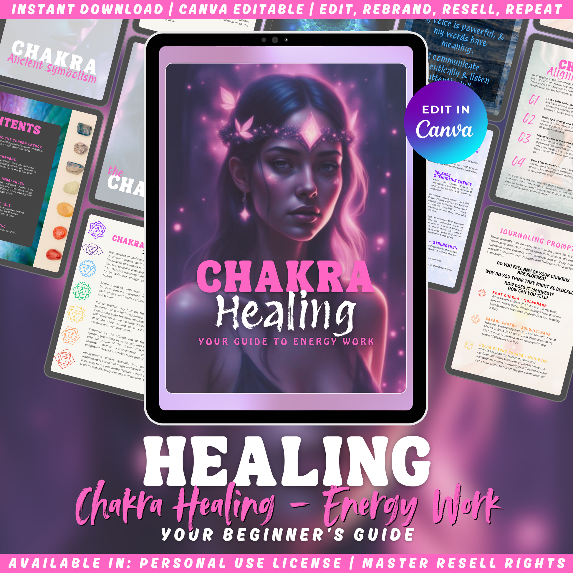 Digital product cover for 'Chakra Healing - your guide to energy work'. Beginners guide. Edit, rebrand, resell, repeat. 