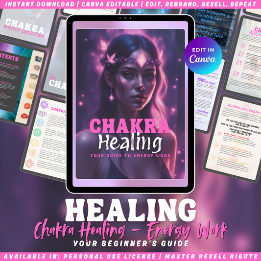 Digital product cover for 'Chakra Healing - your guide to energy work'. Beginners guide. Edit, rebrand, resell, repeat. 